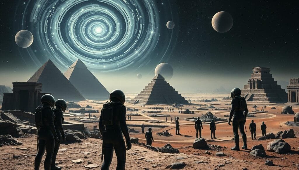 Detailed scene of ancient astronaut theories. In the foreground, a group of mysterious humanoid figures in futuristic-looking suits examining ancient artifacts and monumental structures. Midground, a vast landscape with towering pyramids, mysterious monoliths, and advanced technology juxtaposed with primitive elements. Background, a starry night sky with swirling cosmic energy, hinting at extraterrestrial connections. Lighting is a dramatic chiaroscuro, with bold contrasts between light and shadow. Cinematic camera angle emphasizes the scale and grandeur of the setting, conveying a sense of wonder and speculation about humanity's origins. The overall mood is one of scientific inquiry, ancient mystery, and extraterrestrial intrigue.
