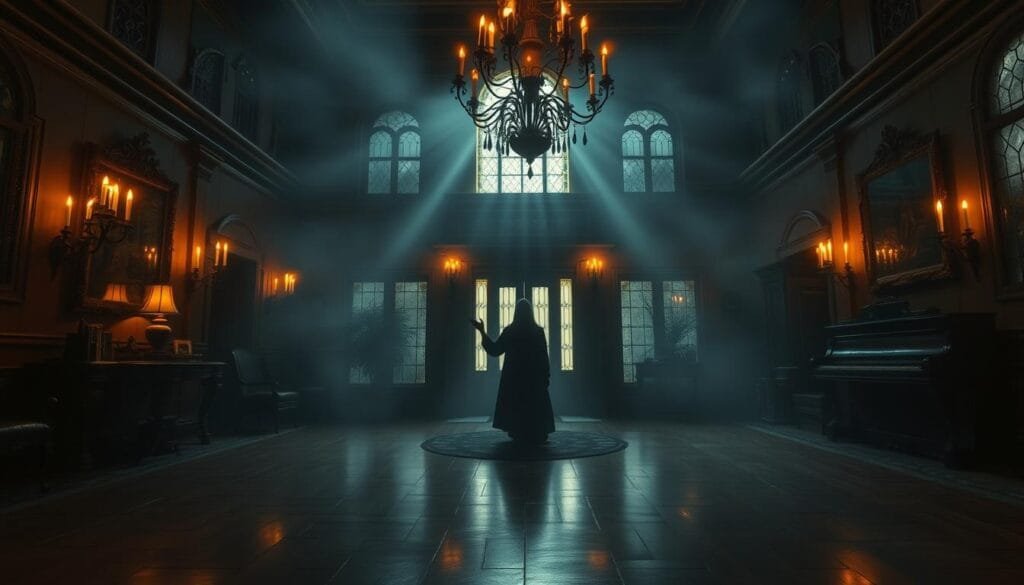 Eerie manor shrouded in mist, its windows glowing with an otherworldly light. Flickering candlelight illuminates the ornate foyer, casting long shadows across the polished hardwood floors. Antique furniture and tarnished chandeliers create an atmosphere of haunting grandeur. In the distance, the faint sound of a piano playing a melancholic melody echoes through the halls. Moonlight filters through stained glass, casting distorted patterns across the walls. An unseen presence seems to linger, as if the house itself is alive with supernatural energy. A sense of mystery and the unknown permeates the scene, inviting the viewer to uncover the secrets that lie within.