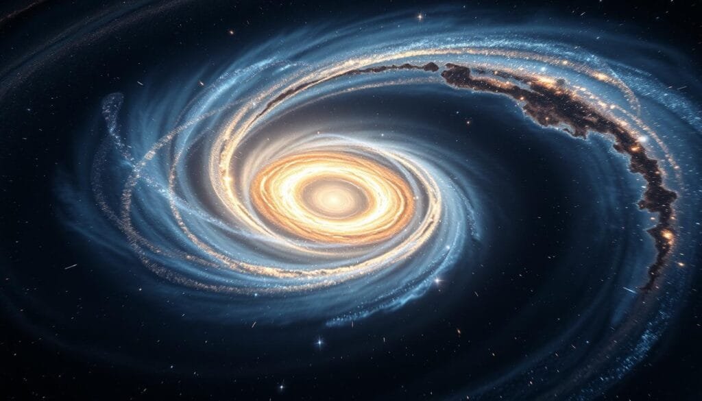 Galactic velocity and dark energy: a cosmic dance of luminous spirals swirling amidst a shroud of shadowy forces. In the foreground, a magnificent barred spiral galaxy spins with mesmerizing grace, its luminous arms trailing streams of stardust. Surrounding it, a nebulous field of dark energy exerts its mysterious gravitational pull, warping the fabric of spacetime and guiding the galaxy's path through the vast, uncharted expanse of the universe. In the middle ground, faint trails of distant galaxies recede into the blackness, their motion a testament to the unseen forces that shape the cosmos. The scene is bathed in a cool, ethereal light, conveying a sense of grandeur and the humbling scale of cosmic phenomena.