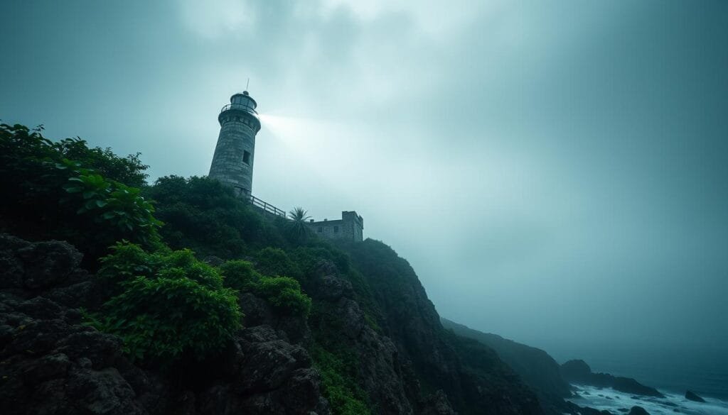 Ilha Queimada Grande, a remote Brazilian island, stands shrouded in mystery and legend. The scene depicts the island's iconic lighthouse, its powerful beam cutting through the mist. The weathered stone structure rises against a moody, overcast sky, casting long shadows across the rugged, rocky coastline. Lush, verdant foliage clings to the cliffs, hinting at the island's dangerous snake population. The atmosphere is one of isolation and foreboding, befitting the island's reputation as a forbidden, treacherous place. The camera angle captures the lighthouse from a low, dramatic perspective, emphasizing its imposing presence and the island's remote, wild nature.
