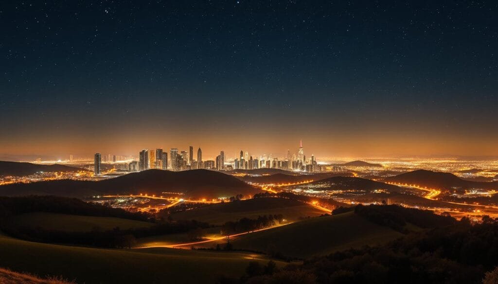 Observación estelar urbana y rural: a cityscape at night, with a dense skyline of skyscrapers and office buildings, their lights twinkling like stars in the dark sky. In the foreground, a tranquil rural landscape, with rolling hills, a small village, and a clear view of the night sky above, its stars shining brightly. The image captures the contrast between the artificial lights of the city and the natural stars above, hinting at the vast scale of the "city" that lies beyond our perception. The scene is illuminated by a warm, golden glow, creating a dreamlike, mystical atmosphere. Crisp, high-resolution detail, using a wide, panoramic lens to capture the full scope of the juxtaposition.