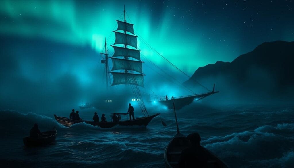 Prompt A ghostly tall-ship, the Caleuche, glides silently across the turbulent waters of the Chiloé Archipelago. Ethereal blue-green lights emanate from its hull, illuminating the rolling mist that shrouds the vessel. Its sails billow in an unseen wind, as the ship navigates the treacherous fjords and inlets of this remote, rugged coastline. In the foreground, indigenous Chilote fishermen gaze in awe and trepidation at the legendary phantom ship, their small wooden boats dwarfed by its spectral presence. The night sky is alive with the dancing aurora borealis, casting an otherworldly glow over the entire scene. A dreamlike, eerie atmosphere pervades, capturing the essence of this profound Chilote maritime myth.