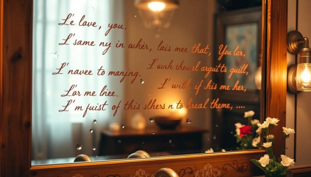 Romantic messages written in cursive on a bathroom mirror with soft, warm lighting reflecting off the glass surface. The mirror is framed by a rustic wooden vanity with delicate floral details. Droplets of water cling to the mirror, creating a hazy, dreamlike ambiance. The overall scene exudes a sense of intimacy, thoughtfulness, and the anticipation of a special occasion.