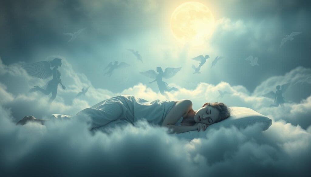 Stages of REM sleep depicted in a dreamlike, ethereal composition. A surreal landscape with a sleeping figure surrounded by floating, translucent silhouettes representing the different phases of REM sleep. Subtle lighting casts a serene, almost mystical atmosphere. Soft, hazy edges blend the elements together, creating a sense of depth and tranquility. The figure rests peacefully, lost in the subconscious realm of dreams. Delicate, wispy details evoke the fragile, ephemeral nature of the REM sleep experience.
