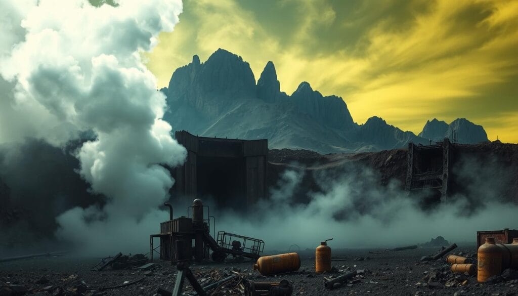 Toxic gas clouds billowing from the dark, ominous entrance of a uranium mine. In the foreground, a hazy, eerie mist shrouds the rocky, barren landscape, creating an ominous atmosphere. The middle ground features rusted, dilapidated mining equipment and discarded, hazardous-looking canisters, suggesting the site's abandonment. The background is dominated by a towering, jagged mountain range, silhouetted against a sickly, greenish-yellow sky, conveying a sense of environmental contamination. The lighting is low and dramatic, casting long, distorted shadows and emphasizing the ominous, hazardous nature of the scene. The overall mood is one of unease, danger, and the potential for unseen, insidious threats. Toxic gas clouds billowing from the dark, ominous entrance of a uranium mine. In the foreground, a hazy, eerie mist shrouds the rocky, barren landscape, creating an ominous atmosphere. The middle ground features rusted, dilapidated mining equipment and discarded, hazardous-looking canisters, suggesting the site's abandonment. The background is dominated by a towering, jagged mountain range, silhouetted against a sickly, greenish-yellow sky, conveying a sense of environmental contamination. The lighting is low and dramatic, casting long, distorted shadows and emphasizing the ominous, hazardous nature of the scene. The overall mood is one of unease, danger, and the potential for unseen, insidious threats.