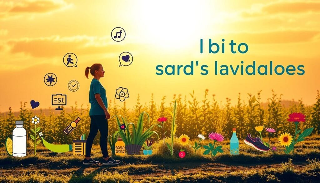 Transformación de hábitos saludables: A vibrant, colorful scene showcasing the journey of healthy habit formation. In the foreground, a figure stands with determination, surrounded by icons representing various wellness practices - a water bottle, a pair of running shoes, a healthy meal. In the middle ground, a lush garden blooms, symbolizing growth and nourishment. The background features a warm, golden-hued sky, bathed in soft, diffused lighting, conveying a sense of hope and positive change. The overall composition evokes a feeling of balance, progress, and a renewed commitment to personal well-being.