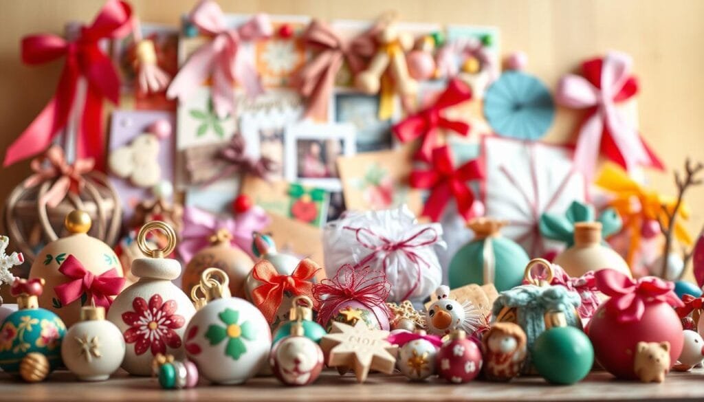 Vibrant and creative handmade crafts fill the frame, showcasing a delightful array of personalized gifts. In the foreground, delicately painted wooden trinkets and ornaments capture the eye, while in the middle ground, a colorful collage of scrapbooking elements, ribbons, and textured fabrics adds depth and texture. The background features a soft, blurred backdrop, allowing the handmade items to shine. Warm, natural lighting illuminates the scene, highlighting the care and attention to detail in each unique creation. The overall composition conveys a sense of warmth, joy, and the personal touch that makes these handmade pieces so special.