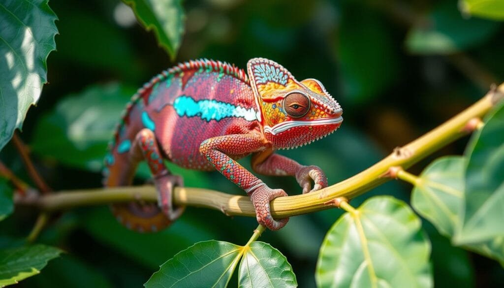 Vibrant chameleon perched on a lush, verdant branch, its skin shimmering with iridescent hues that seamlessly blend into the surrounding foliage. Intricate patterns of camouflage that adapt to the environment, while specialized cells in the skin regulate the creature's temperature and respond to external stimuli. Soft, diffused natural lighting illuminates the scene, capturing the nuances of the chameleon's remarkable color-shifting abilities. A captivating study of the unique mechanisms behind this reptile's remarkable adaptations.