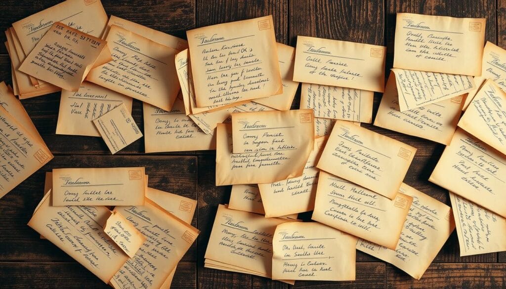 Vintage-inspired telegram sheets cascading across a weathered wooden backdrop, conveying the historic propagation of the "OK" abbreviation worldwide. Soft sepia tones and aged textures evoke a sense of timelessness, while subtle light and shadow play highlight the handwritten messages. The composition suggests the rapid spread of this ubiquitous term, its rapid adoption visualized through the accumulation of telegrams from diverse regions. An atmospheric scene capturing the rapid global dissemination of a simple, yet impactful linguistic phenomenon.