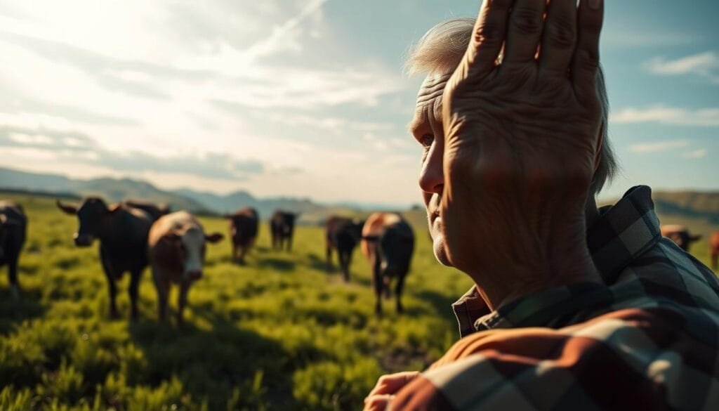 Weathered hands of a rural farmer intently observing the movements of cattle in a lush, verdant field. The animals' behavior is a focal point, captured in a wide, cinematic frame that immerses the viewer in the tranquil, pastoral scene. Soft, natural lighting filters through wispy clouds, casting a warm, contemplative glow over the landscape. The farmer's expression is one of deep concentration, hinting at a lifetime of close observation and intuitive understanding of the cycles of nature. In the distance, rolling hills and a cloudless horizon suggest an intimate connection between the land, the animals, and the people who depend on them.