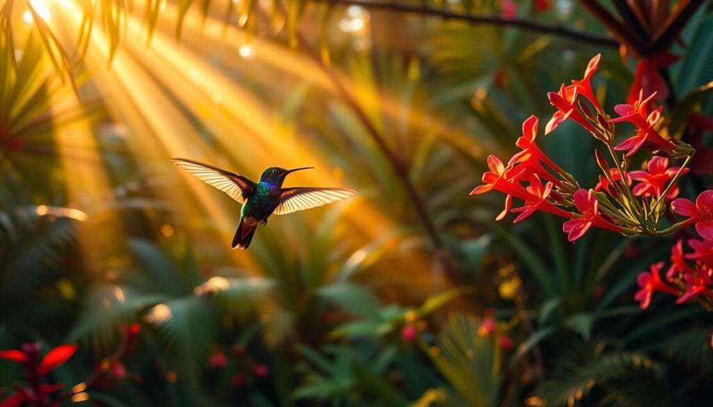 A beautiful, brightly colored hummingbird hovering mid-flight in a lush, tropical forest setting. The zunzuncito, the world's smallest bird, with its iridescent green and violet plumage, delicately hovers near vibrant red flowers, its long, slender beak deftly extracting nectar. Shafts of warm, golden sunlight filter through the canopy, casting a soft, magical glow on the scene. The background is filled with a dense, verdant foliage of ferns, palms, and flowering vines, creating a rich, enveloping atmosphere. Captured with a shallow depth of field, the zunzuncito is the focal point, its diminutive size and graceful movements emphasizing the unique beauty of this Cuban avian treasure.
