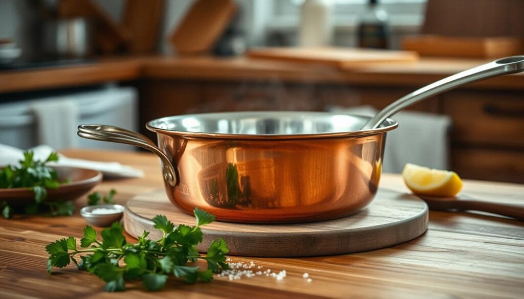 A beautifully crafted copper pan takes center stage, its gleaming surface reflecting the warm, inviting light of a cozy Danish kitchen. The pan sits atop a wooden table, surrounded by a few simple ingredients - fresh herbs, a sprinkle of salt, and a lemon wedge - hinting at the delicious meal to be prepared. The composition is clean and well-balanced, with a soft, muted color palette that evokes the comforting, homely atmosphere of traditional Danish cuisine. The lighting is natural and diffused, creating a sense of warmth and authenticity. The overall scene speaks to the enduring legacy of Danish culinary traditions, where quality, simplicity, and attention to detail are paramount.