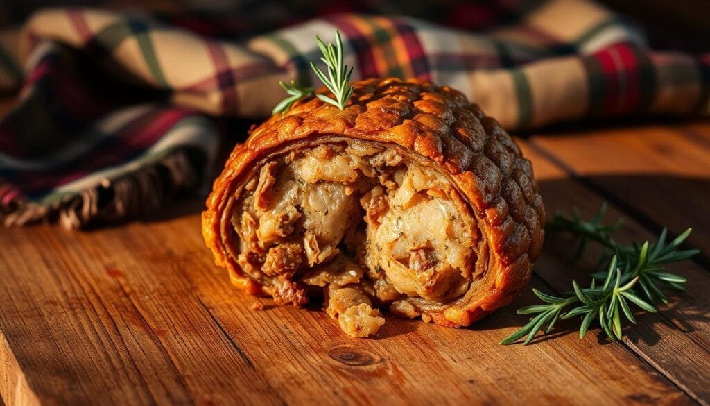 A beautifully crafted haggis rests upon a rustic wooden table, its savory aroma filling the air. The classic Scottish dish is adorned with a crisp, golden-brown crust, revealing a soft, moist interior speckled with aromatic herbs and spices. Warm lighting casts gentle shadows, highlighting the haggis's distinct shape and texture. In the background, a tartan-patterned cloth adds a touch of traditional Scottish flair, while a single sprig of rosemary adds a final flourish, completing the evocative scene. The image conveys the rich cultural heritage and hearty flavors that have made haggis an enduring symbol of Scottish gastronomy.