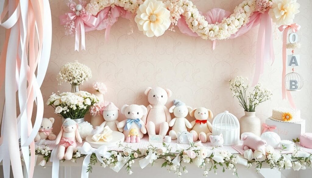 A beautifully curated, elegant baby shower scene with an array of delicate decorative elements. In the foreground, a collection of pastel-colored ribbons, bows, and garlands cascades gracefully. In the middle ground, an assortment of soft, plush toys and whimsical nursery-themed figurines are arranged neatly. The background features a subtly patterned, neutral-toned wallpaper, creating a soothing, tranquil ambiance. The lighting is soft and diffused, casting a warm, inviting glow over the scene. The composition is balanced and visually appealing, capturing the essence of a thoughtfully designed, stylish baby shower.