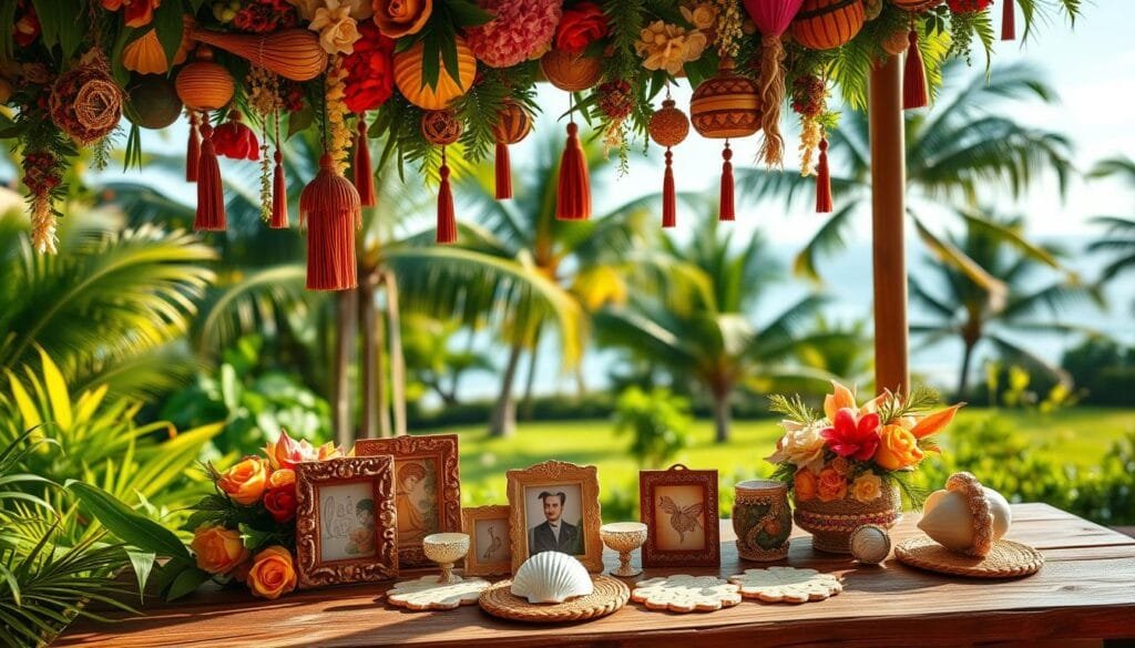 A beautifully decorated tropical paradise, with lush, vibrant foliage adorning the foreground. Intricate floral garlands, tasseled banners, and artfully carved wooden ornaments hang from the canopy, casting a warm, golden glow across the scene. In the middle ground, a collection of handcrafted, personalized trinkets and accessories - seashell-encrusted picture frames, beaded napkin rings, and palm leaf-woven coasters - are artfully arranged on a rustic wooden table. The background reveals a picturesque garden setting, with swaying palm trees, and a distant glimpse of a shimmering ocean vista. The overall atmosphere exudes a festive, carefree spirit, perfect for celebrating a laidback Hawaiian-themed gathering.