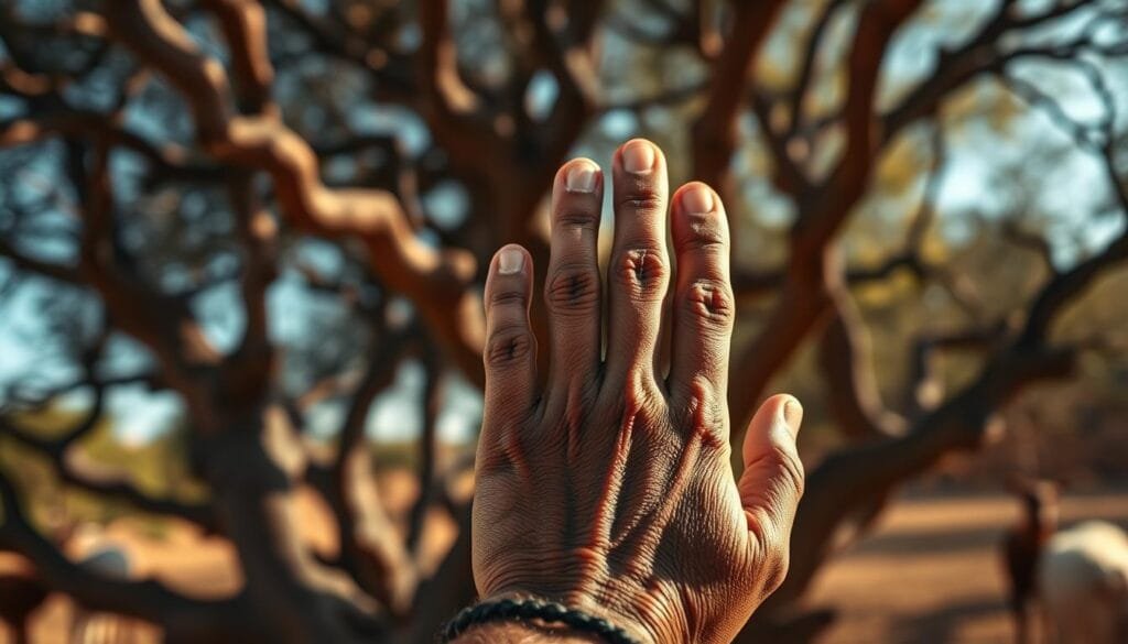 A beautifully detailed portrait of a Moroccan man's hand, captured in a warm, natural light. The weathered skin and calloused fingers tell a story of a life spent outdoors, perhaps tending to the grazing goats in the gnarled, sun-dappled trees that form the tranquil background. The mano, or hand, is the central focus, subtly conveying the essence of the Moroccan culture, rituals, and social traditions that surprise and captivate. The composition is balanced, with a shallow depth of field that keeps the viewer's attention on the intricate details of the hand's form and texture. A beautifully detailed portrait of a Moroccan man's hand, captured in a warm, natural light. The weathered skin and calloused fingers tell a story of a life spent outdoors, perhaps tending to the grazing goats in the gnarled, sun-dappled trees that form the tranquil background. The mano, or hand, is the central focus, subtly conveying the essence of the Moroccan culture, rituals, and social traditions that surprise and captivate. The composition is balanced, with a shallow depth of field that keeps the viewer's attention on the intricate details of the hand's form and texture.