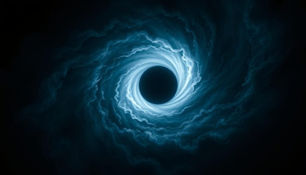 A black hole's haunting presence, a cosmic abyss where light itself cannot escape. Capture its eerie, ominous essence in an image of the "nota" - the hidden musical note at the heart of this celestial phenomenon. Depict the nota as a glowing, ethereal orb suspended in a void of inky darkness, its faint radiance casting an otherworldly glow. Surround it with swirling tendrils of nebulous matter, hinting at the immense gravitational forces at work. Bathe the scene in an ominous, chiaroscuro lighting, with deep shadows and dramatic highlights emphasizing the nota's mysterious power. Convey a sense of the unfathomable, the unseen - a visual representation of the haunting sounds of a black hole, as if plucked from the very fabric of the cosmos.