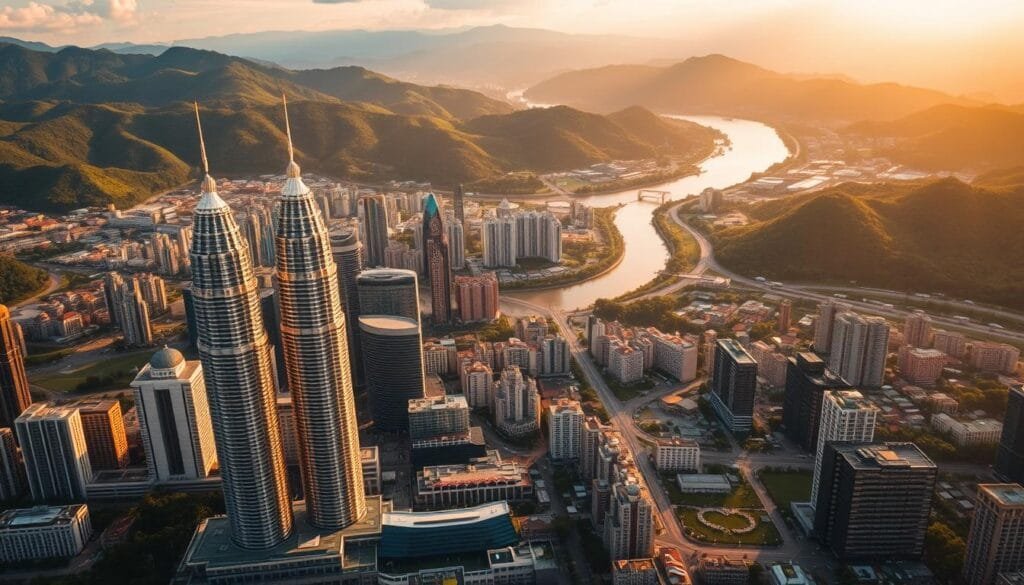 A breathtaking aerial view of the capital city of Kuala Lumpur, Malaysia, bathed in warm, golden sunlight. In the foreground, the iconic Petronas Twin Towers stand tall and proud, their sleek, modern architecture a testament to the country's progress. Surrounding the towers, a bustling cityscape unfolds, with a mix of high-rise buildings, lush green spaces, and winding roads. In the middle ground, the serene Klang River winds its way through the city, its banks lined with vibrant markets and historic landmarks. The background is dominated by the rolling, verdant hills that cradle Kuala Lumpur, creating a picturesque and harmonious landscape that captures the essence of Malaysia's cultural and natural heritage.