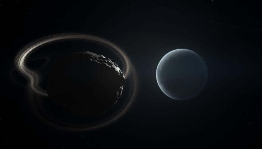 A breathtaking celestial vista depicting the recently discovered asteroid-like object known as 2024 PT5. Against the inky blackness of deep space, the irregular, rocky form of this diminutive "minimoon" hovers in the foreground, illuminated by a soft, diffuse light. Wispy trails of cosmic dust swirl around it, hinting at the object's slow, graceful orbit. In the middle ground, the Earth's familiar blue-and-white orb shines, while the Moon - perhaps the result of a similar celestial collision in the distant past - hangs serenely in the background. The scene conveys a sense of wonder and mystery, inviting the viewer to contemplate the dynamic and ever-evolving nature of our solar system.