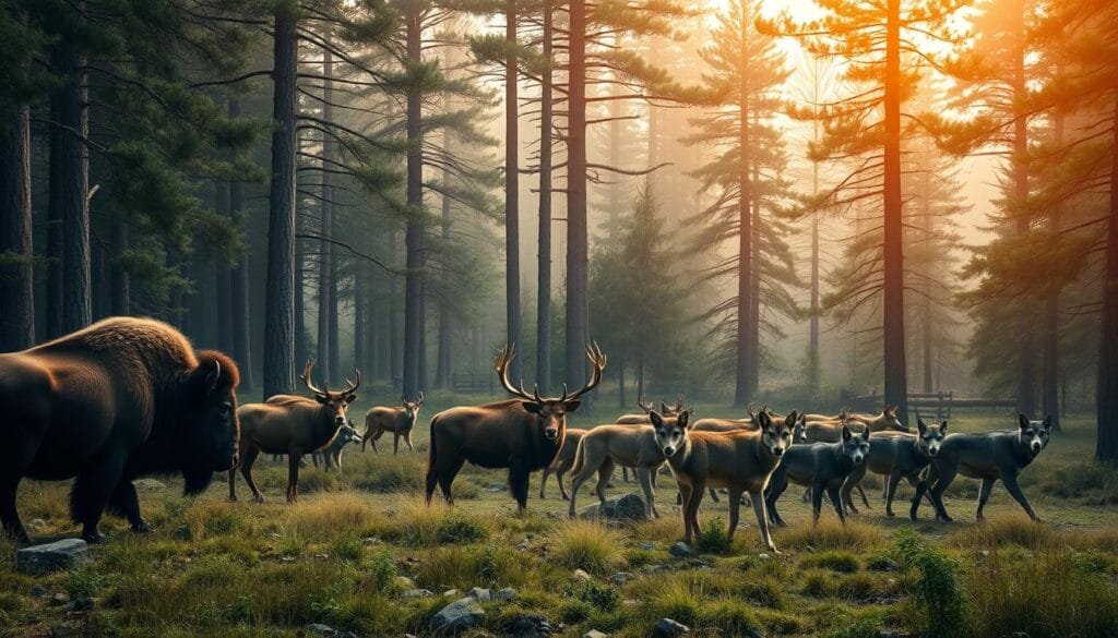 A breathtaking forest teeming with an astonishing array of mammalian species. In the foreground, a majestic European bison grazes peacefully, its thick, shaggy coat glistening in the dappled sunlight. Nearby, a red deer stag raises its magnificent antlers, alert and vigilant. In the middle ground, a playful pack of gray wolves prowls through the underbrush, their keen eyes scanning for prey. In the background, the towering silhouettes of ancient oaks and pines create a serene, primeval atmosphere, hinting at the wealth of biodiversity that thrives in this unspoiled wilderness. Soft, diffused lighting casts a warm, golden glow, evoking a sense of timeless natural wonder. Captured through a wide-angle lens, this panoramic scene showcases the rich tapestry of mammalian life that inhabits the untamed landscapes of Eastern Europe.