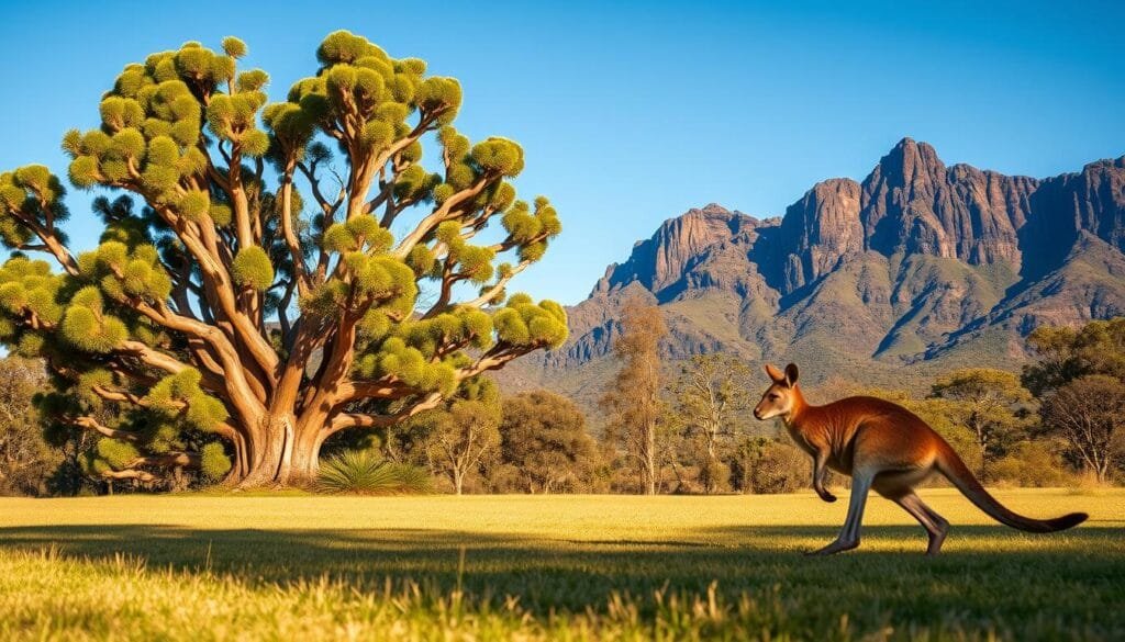 A breathtaking landscape of Australia's iconic wildlife and natural wonders. In the foreground, a curious kangaroo hops across a sun-dappled meadow, its powerful legs and distinctive tail a testament to the country's unique fauna. In the middle ground, a cluster of towering gum trees sways gently in the breeze, their smooth, peeling bark and vibrant green foliage creating a picturesque scene. Beyond, a vast, rugged mountain range rises, its jagged peaks silhouetted against a clear, azure sky. The lighting is soft and warm, casting a golden glow over the entire tableau and evoking a sense of wonder and enchantment. The composition is balanced and harmonious, drawing the viewer's eye through the layers of the image and inviting them to explore the hidden treasures of this remarkable country.