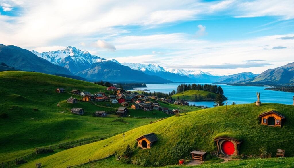 A breathtaking landscape of New Zealand's stunning natural beauty, set against the backdrop of the iconic Hobbiton movie set from The Lord of the Rings. In the foreground, a rolling green hillside dotted with the charming, round hobbit homes, their colorful roofs and round doors inviting exploration. The middle ground features a picturesque lake, its calm waters reflecting the idyllic scene. In the distance, majestic snow-capped mountains rise, their rugged peaks cutting into a vibrant, azure sky. Soft, diffused lighting illuminates the scene, creating a warm, magical atmosphere. A sense of adventure and cinematic wonder permeates the image, capturing the essence of New Zealand's captivating landscapes and their enduring association with the beloved fantasy franchise. A breathtaking landscape of New Zealand's stunning natural beauty, set against the backdrop of the iconic Hobbiton movie set from The Lord of the Rings. In the foreground, a rolling green hillside dotted with the charming, round hobbit homes, their colorful roofs and round doors inviting exploration. The middle ground features a picturesque lake, its calm waters reflecting the idyllic scene. In the distance, majestic snow-capped mountains rise, their rugged peaks cutting into a vibrant, azure sky. Soft, diffused lighting illuminates the scene, creating a warm, magical atmosphere. A sense of adventure and cinematic wonder permeates the image, capturing the essence of New Zealand's captivating landscapes and their enduring association with the beloved fantasy franchise.