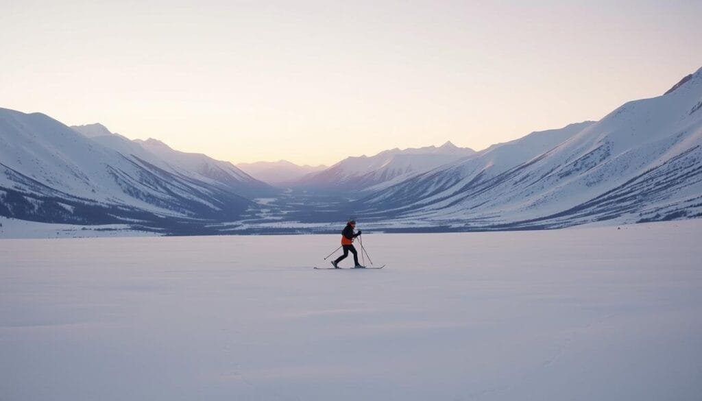 A breathtaking landscape of snow-covered peaks and pristine valleys, with a lone cross-country skier gracefully gliding across a wide, open expanse. The skier's movements are fluid and effortless, their form and technique precise and elegant. The scene is bathed in a soft, warm light that gently illuminates the crisp, pristine snow and the distant mountain ranges. The atmosphere is serene and peaceful, capturing the essence of the winter wonderland and the joy of outdoor recreation. The camera angle is slightly elevated, providing a panoramic view that showcases the vast, untamed beauty of the natural setting. A breathtaking landscape of snow-covered peaks and pristine valleys, with a lone cross-country skier gracefully gliding across a wide, open expanse. The skier's movements are fluid and effortless, their form and technique precise and elegant. The scene is bathed in a soft, warm light that gently illuminates the crisp, pristine snow and the distant mountain ranges. The atmosphere is serene and peaceful, capturing the essence of the winter wonderland and the joy of outdoor recreation. The camera angle is slightly elevated, providing a panoramic view that showcases the vast, untamed beauty of the natural setting.