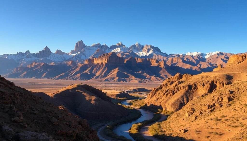 A breathtaking landscape of the Zagros Mountains, rising majestically from the arid Iraqi desert. Rugged, snow-capped peaks pierce the azure sky, while ancient rock formations cast dramatic shadows across the terrain. In the foreground, a winding river cuts through the rugged terrain, its banks lined with lush vegetation. The warm, golden light of the sun bathes the scene, creating a sense of timeless, natural beauty. The overall composition evokes a sense of grandeur and wonder, perfectly capturing the geographic splendor of this ancient region.