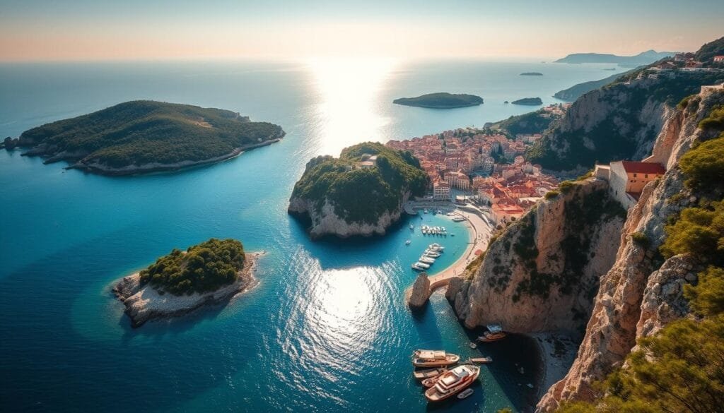 A breathtaking view of the Adriatic coastline, where rugged cliffs and pristine beaches converge in a symphony of natural beauty. Capture the sun's warm glow cascading over the turquoise waters, illuminating the idyllic islands scattered throughout the archipelago. Depict the charming coastal towns, their terracotta roofs and narrow, winding streets inviting exploration. Convey a sense of tranquility and timelessness, as if the viewer is transported to a hidden corner of the Mediterranean. Utilize a wide-angle lens to showcase the grand scale of the landscape, with the horizon line stretching into the distance. The overall mood should evoke a serene, postcard-worthy atmosphere that perfectly complements the article's subject.