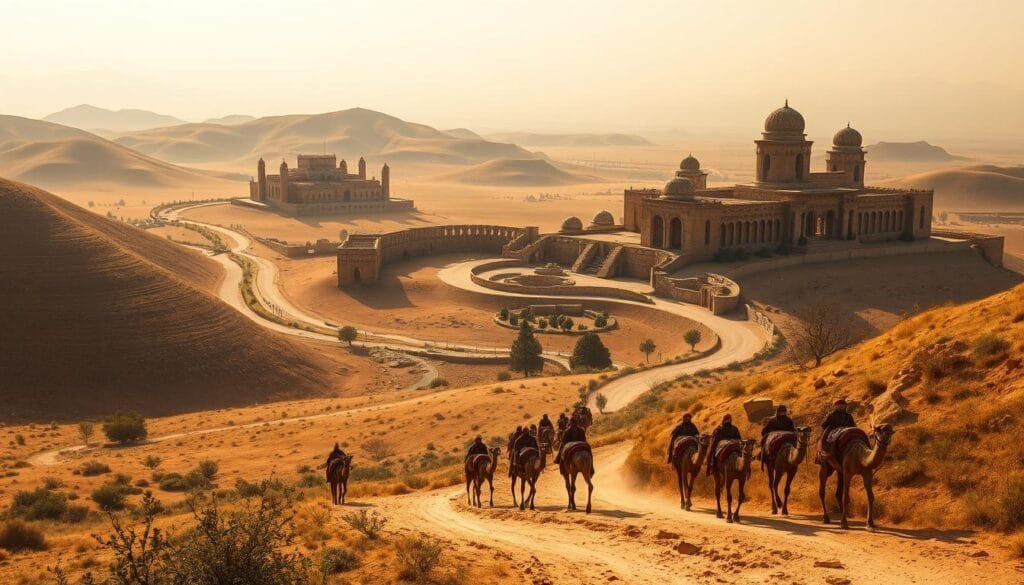 A breathtaking vista of the ancient Silk Road, where the winding Ruta Seda winds through rolling hills and lush valleys. In the foreground, a caravan of camels and traders traverse the dusty path, their robes and cloaks billowing in the warm desert breeze. The middle ground is dominated by the majestic ruins of Merv, Nisa, and Kunya-Urgench, their weathered stone walls and towers standing as silent sentinels to the passage of time. In the background, a hazy sky bathes the scene in a golden glow, creating an atmosphere of timeless serenity. The overall composition captures the essence of the ancient Silk Road, a testament to the rich history and culture that once thrived along this legendary trade route. A breathtaking vista of the ancient Silk Road, where the winding Ruta Seda winds through rolling hills and lush valleys. In the foreground, a caravan of camels and traders traverse the dusty path, their robes and cloaks billowing in the warm desert breeze. The middle ground is dominated by the majestic ruins of Merv, Nisa, and Kunya-Urgench, their weathered stone walls and towers standing as silent sentinels to the passage of time. In the background, a hazy sky bathes the scene in a golden glow, creating an atmosphere of timeless serenity. The overall composition captures the essence of the ancient Silk Road, a testament to the rich history and culture that once thrived along this legendary trade route.