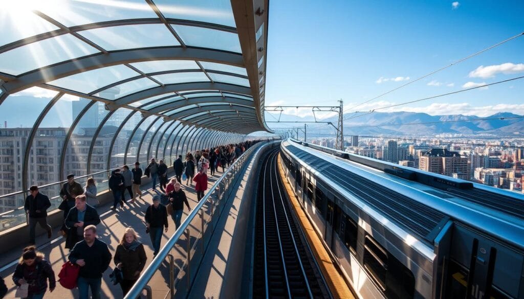 A bustling Bogotá metro station at high altitude, with commuters hurrying along the elevated platforms. Sunlight streams through the glass-enclosed walkways, casting long shadows and illuminating the modern, minimalist architecture. The scene captures the energy and momentum of this vibrant city nestled in the Andes mountains. Sleek trains glide in and out of the station, their metallic bodies reflecting the surrounding buildings. The cool, crisp air and breathtaking mountain vistas in the distance create a unique urban atmosphere. A dynamic, high-altitude view of Bogotá's efficient public transportation system.