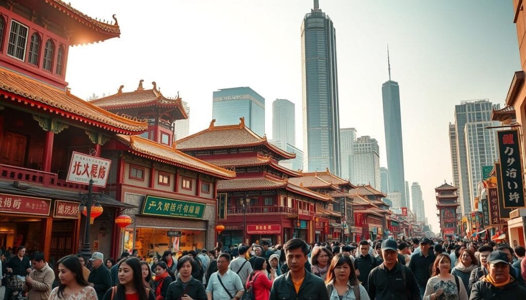 A bustling Chinese street scene, captured with a wide-angle lens to showcase the vibrant architecture and bustling activity. In the foreground, pedestrians navigate the crowded sidewalks, their colorful clothing and expressions conveying the energy of the city. In the middle ground, traditional Chinese buildings with ornate facades stand tall, their red and gold tones illuminated by the warm, diffused lighting of the afternoon sun. In the background, towering skyscrapers and modern high-rises create a striking contrast, hinting at China's rapid development and transformation. The overall atmosphere is one of cultural richness, dynamic movement, and a sense of the country's enduring heritage coexisting with its increasingly globalized modernity. A bustling Chinese street scene, captured with a wide-angle lens to showcase the vibrant architecture and bustling activity. In the foreground, pedestrians navigate the crowded sidewalks, their colorful clothing and expressions conveying the energy of the city. In the middle ground, traditional Chinese buildings with ornate facades stand tall, their red and gold tones illuminated by the warm, diffused lighting of the afternoon sun. In the background, towering skyscrapers and modern high-rises create a striking contrast, hinting at China's rapid development and transformation. The overall atmosphere is one of cultural richness, dynamic movement, and a sense of the country's enduring heritage coexisting with its increasingly globalized modernity.