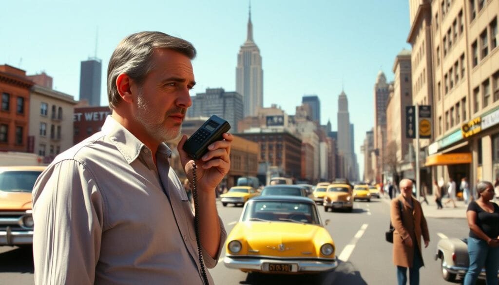 A bustling New York street on a sunny spring day, 1973. In the foreground, Martin Cooper, a Motorola executive, stands holding a bulky handheld device - the world's first commercial mobile phone, the Motorola DynaTAC. He speaks intently into the handset, his expression focused, as he makes the first-ever mobile phone call to his rival, Joel Engel of Bell Labs, a few blocks away. The middle ground features vintage cars and pedestrians going about their day, unaware of the historic moment unfolding. The background showcases the iconic skyline of Manhattan, with the towering Empire State Building in the distance, under a crisp, clear blue sky. The lighting is warm and natural, capturing the essence of that pivotal day when mobile communication was born.