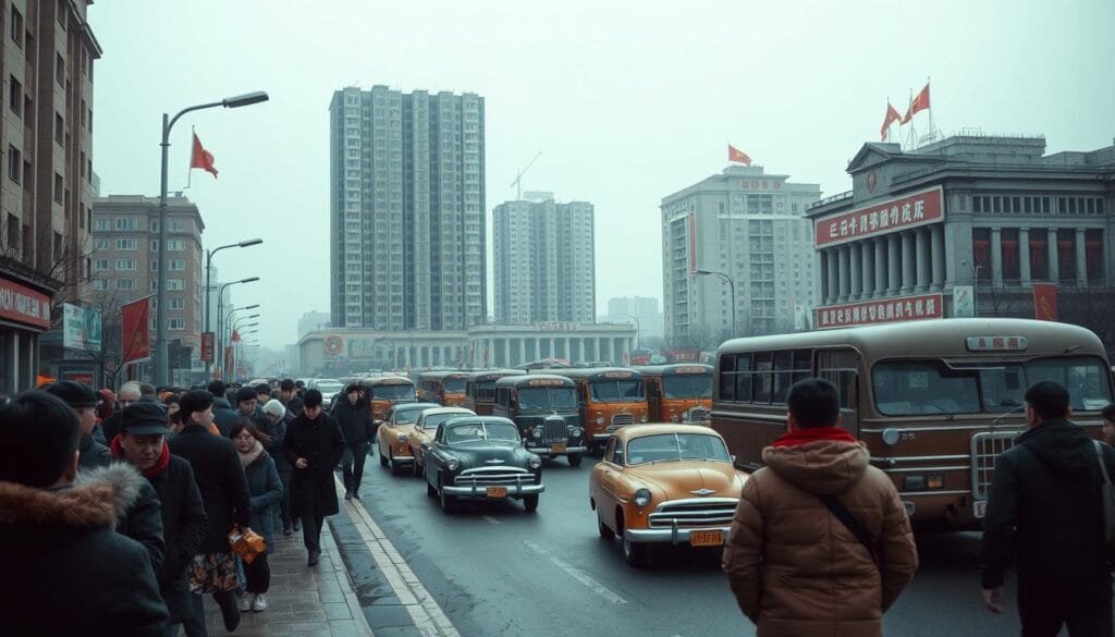A bustling North Korean city street, captured through the lens of a wide-angle camera. The foreground features a throng of pedestrians hurrying along the sidewalks, their faces obscured by hats and scarves against the chilly wind. In the middle ground, a fleet of boxy, vintage-style cars and buses navigate the congested roadway, their muted colors and utilitarian designs reflecting the austere nature of the regime. In the background, towering concrete apartment buildings and government structures loom, their facades adorned with propaganda posters and slogans extolling the virtues of the "Juche" philosophy. The scene is bathed in a cool, overcast light, lending a sense of subdued melancholy to the overall atmosphere.