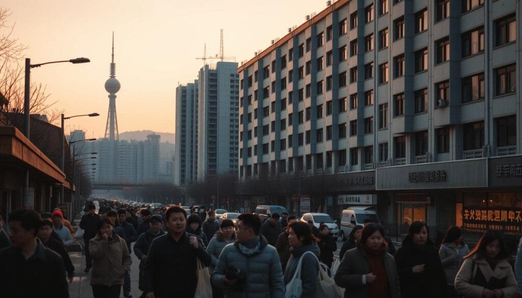 A bustling North Korean street at dusk, bathed in warm, muted tones. In the foreground, citizens hurry along the sidewalks, carrying packages and conversing in hushed tones. Towering grey apartment blocks loom in the middle ground, their windows dark and austere. In the background, a single television tower dominates the skyline, a symbol of the state's control over information and entertainment. The scene conveys a sense of regimentation and restricted freedom, with the population navigating their daily lives under the watchful eye of the regime.
