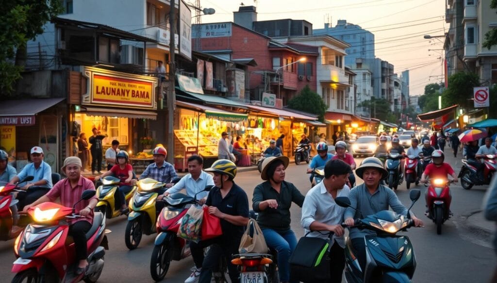 A bustling Vietnamese street at dusk, with a vibrant array of colorful motorcycles weaving through the traffic. In the foreground, a group of locals carrying an assortment of goods and chatting animatedly. In the middle ground, a lively street market with vendors offering an eclectic mix of wares, from fresh produce to handcrafted souvenirs. The background is framed by a mix of traditional and modern architecture, illuminated by warm, golden light. The scene exudes a sense of energy, culture, and the unique curiosities that make Vietnam such a captivating destination. A bustling Vietnamese street at dusk, with a vibrant array of colorful motorcycles weaving through the traffic. In the foreground, a group of locals carrying an assortment of goods and chatting animatedly. In the middle ground, a lively street market with vendors offering an eclectic mix of wares, from fresh produce to handcrafted souvenirs. The background is framed by a mix of traditional and modern architecture, illuminated by warm, golden light. The scene exudes a sense of energy, culture, and the unique curiosities that make Vietnam such a captivating destination.