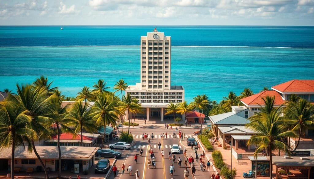 A bustling administrative center in Funafuti, the capital of Tuvalu, with the vibrant blue waters of the Pacific Ocean as its backdrop. A towering government building stands tall, its sleek modern architecture juxtaposed against the lush palm trees and traditional structures that surround it. Pedestrians navigate the bustling streets, going about their daily lives amidst the hum of activity. The scene is illuminated by warm, golden sunlight, casting a tranquil glow over the entire area. Capture the essence of Tuvalu's administrative heart, where the country's governance and daily life intertwine in a harmonious coastal setting. A bustling administrative center in Funafuti, the capital of Tuvalu, with the vibrant blue waters of the Pacific Ocean as its backdrop. A towering government building stands tall, its sleek modern architecture juxtaposed against the lush palm trees and traditional structures that surround it. Pedestrians navigate the bustling streets, going about their daily lives amidst the hum of activity. The scene is illuminated by warm, golden sunlight, casting a tranquil glow over the entire area. Capture the essence of Tuvalu's administrative heart, where the country's governance and daily life intertwine in a harmonious coastal setting.