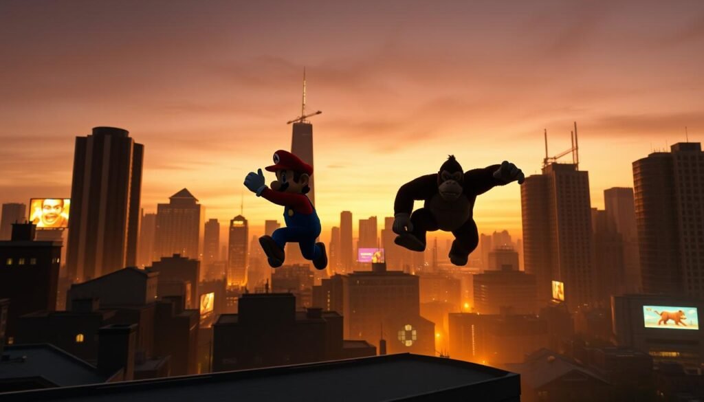 A bustling city skyline at dusk, with the iconic silhouettes of Super Mario and Donkey Kong engaged in a dynamic chase across the rooftops. The warm evening light casts a nostalgic glow, highlighting the playful tension between the two classic gaming characters. In the foreground, Mario leaps and bounds, his overalls and cap vibrant against the dusky backdrop. Donkey Kong lumbers behind, his imposing figure casting a long shadow that stretches across the scene. The urban landscape acts as a stage, with towering skyscrapers and neon-lit billboards framing the action. An atmospheric haze softens the edges, evoking a timeless, cinematic quality. The composition captures the enduring relationship between these iconic gaming legends, their eternal rivalry and the enduring legacy of their origins.