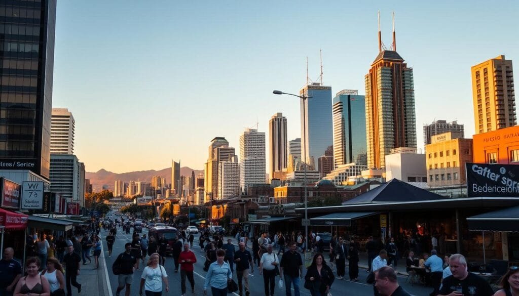 A bustling city skyline at golden hour, with towering skyscrapers casting long shadows across a vibrant urban landscape. In the foreground, a lively street scene with people going about their daily lives - commuters hurrying to work, street vendors selling local wares, and groups of friends enjoying coffee at outdoor cafes. The mid-ground features a mix of modern high-rises and heritage buildings, their facades illuminated by the warm evening light. In the background, a hazy horizon dotted with distant hills or mountains, creating a sense of depth and scale. The overall atmosphere is one of energy, activity, and a distinctly Australian feel, with a touch of laid-back charm. A bustling city skyline at golden hour, with towering skyscrapers casting long shadows across a vibrant urban landscape. In the foreground, a lively street scene with people going about their daily lives - commuters hurrying to work, street vendors selling local wares, and groups of friends enjoying coffee at outdoor cafes. The mid-ground features a mix of modern high-rises and heritage buildings, their facades illuminated by the warm evening light. In the background, a hazy horizon dotted with distant hills or mountains, creating a sense of depth and scale. The overall atmosphere is one of energy, activity, and a distinctly Australian feel, with a touch of laid-back charm.