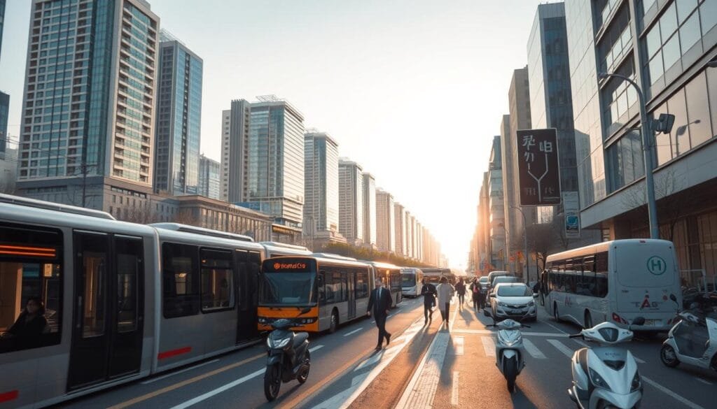 A bustling city street in Seoul, South Korea, with modern high-rise buildings lining the horizon. In the foreground, a variety of public transportation modes are visible - sleek metro trains, efficient buses, and compact electric scooters zipping through the traffic. The scene is bathed in a warm, golden hour glow, casting long shadows and highlighting the clean, well-maintained appearance of the urban environment. Pedestrians navigate the sidewalks with a sense of purpose, showcasing the practicality and convenience of the city's transportation infrastructure. The overall atmosphere conveys a harmonious balance between modernity, efficiency, and a focus on the needs of the local residents. A bustling city street in Seoul, South Korea, with modern high-rise buildings lining the horizon. In the foreground, a variety of public transportation modes are visible - sleek metro trains, efficient buses, and compact electric scooters zipping through the traffic. The scene is bathed in a warm, golden hour glow, casting long shadows and highlighting the clean, well-maintained appearance of the urban environment. Pedestrians navigate the sidewalks with a sense of purpose, showcasing the practicality and convenience of the city's transportation infrastructure. The overall atmosphere conveys a harmonious balance between modernity, efficiency, and a focus on the needs of the local residents.