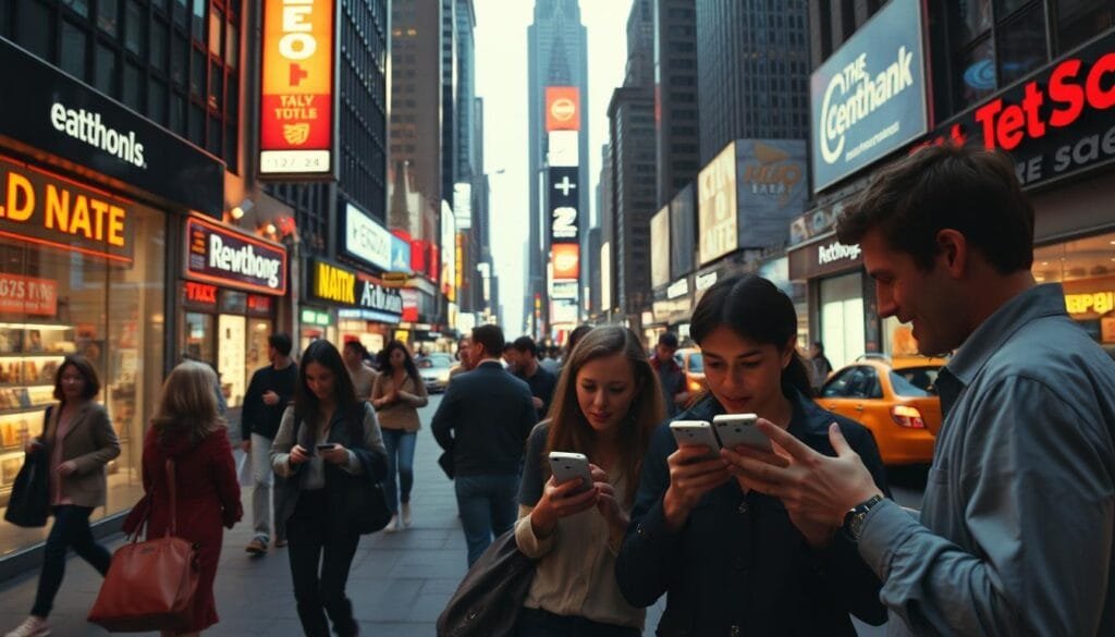 A bustling city street in the late 1990s, dimly lit by the glow of neon signs and streetlamps. In the foreground, a group of young professionals animatedly discussing the latest mobile phone technology, their hands gesturing excitedly as they share messages on their compact, futuristic-looking devices. In the middle ground, passersby hurry along the sidewalk, some pausing to check their own phones, while others window-shop at the nearby electronics store. The background is a blend of skyscrapers, billboards, and the occasional flash of a taxi or bus, creating a sense of urban energy and the rapid pace of technological progress. The scene conveys the growing popularity and ubiquity of text messaging, as it transitions from the realm of research labs to become a common, everyday means of communication.
