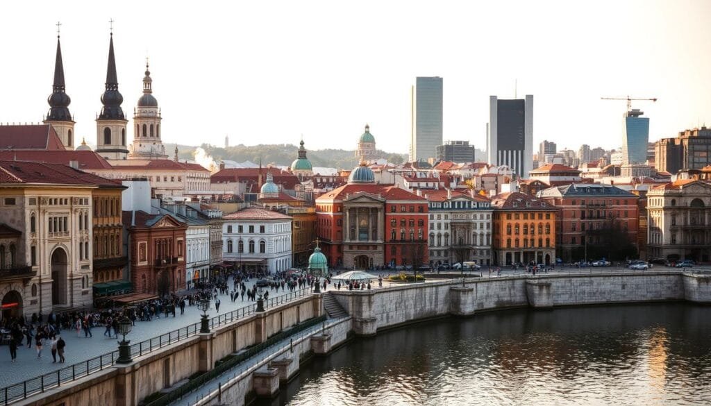 A bustling cityscape in Belgrade, Serbia, with a vibrant mix of old and new architecture. Towering spires and domes of historic churches rise above the skyline, contrasted by sleek, modern high-rises. Pedestrians stroll along cobblestone streets, passing by lively cafes and shops. The city exudes an energetic atmosphere, with warm, diffused sunlight casting a golden glow over the scene. In the foreground, a scenic river flows calmly, reflected in its glassy surface. The overall composition conveys the rich cultural heritage and dynamic present of this iconic Serbian city.