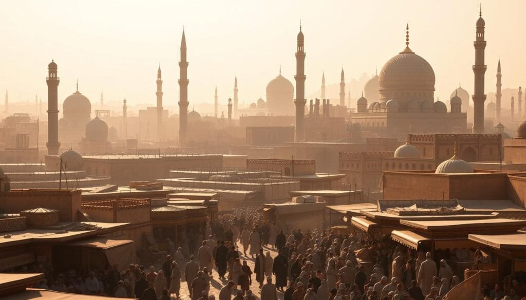 A bustling cityscape of Bagdad during the Islamic Golden Age, with intricate domes and minarets reaching skyward against a warm, hazy backdrop. In the foreground, a lively marketplace teems with merchants and scholars, their robes and turbans swirling in the gentle breeze. Towering over the scene, the iconic Abbasid-era palaces and mosques stand as monuments to the city's rich cultural and intellectual heritage. Soft, golden lighting filters through the atmosphere, casting a serene, contemplative mood over the ancient urban landscape. Capture the essence of Bagdad's pivotal role in the development of early writing and its flourishing as a center of learning and innovation during this pivotal era in Middle Eastern history.