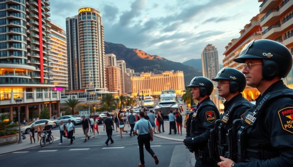 A bustling cityscape of Monaco, with towering high-rises and glistening skyscrapers. In the foreground, a well-equipped team of police officers patrol the streets, their crisp uniforms and vigilant expressions conveying a sense of unwavering security. The middle ground features a bustling promenade, with citizens going about their daily lives, confident in the protective presence of the law enforcement. In the background, the iconic Monte Carlo casino and harbor are visible, bathed in warm, golden lighting that emanates a sense of prosperity and stability. The overall atmosphere is one of orderliness, professionalism, and a strong commitment to public safety, befitting the world's most densely policed nation.