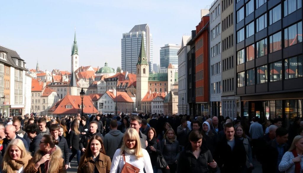 A bustling cityscape of Tallinn, the capital of Estonia, with its iconic medieval Old Town architecture nestled amongst modern high-rises. The foreground features a diverse crowd of people going about their daily lives - students, professionals, and families. The middle ground showcases the city's historic churches and towers peeking out between the buildings. In the background, a hazy blue sky frames the scene, creating a sense of tranquility and timelessness. The lighting is natural and warm, lending a cozy, inviting atmosphere to the urban setting. Shot with a wide-angle lens to capture the breadth of the city's unique blend of old and new.