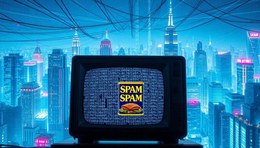 A bustling digital cityscape, with towering skyscrapers of binary code and a tangled web of fiber optic cables crisscrossing the sky. In the foreground, a retro television screen emits a static-filled glow, its edges blurring into the digital landscape. The background is bathed in a cool, neon-tinged lighting, casting a futuristic, cyberpunk atmosphere. Amidst the chaos, a lone SPAM can sits prominently, a humorous nod to the Monty Python sketch that gave the term its modern meaning. The scene captures the evolution from traditional media to the boundless expanse of the internet, where spam has become a ubiquitous part of the digital experience.