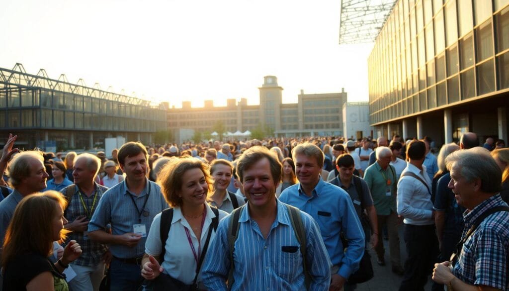 A bustling festival atmosphere at CERN in 1992, captured in a candid photograph. In the foreground, a group of lively scientists in casual attire, gesturing animatedly as they engage in lively discussion. The middle ground reveals the iconic CERN facilities, their distinctive architecture casting long shadows under the warm, golden-hour lighting. In the background, a crowd of attendees mill about, their faces alight with curiosity and enthusiasm. The image conveys a sense of scientific community, collaboration, and the excitement of discovery, setting the stage for the birth of the World Wide Web. A bustling festival atmosphere at CERN in 1992, captured in a candid photograph. In the foreground, a group of lively scientists in casual attire, gesturing animatedly as they engage in lively discussion. The middle ground reveals the iconic CERN facilities, their distinctive architecture casting long shadows under the warm, golden-hour lighting. In the background, a crowd of attendees mill about, their faces alight with curiosity and enthusiasm. The image conveys a sense of scientific community, collaboration, and the excitement of discovery, setting the stage for the birth of the World Wide Web.