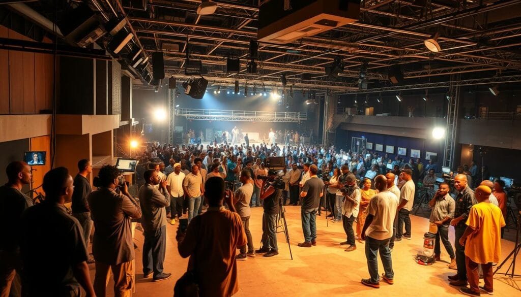 A bustling film studio in Lagos, Nigeria, with a vibrant energy. In the foreground, a group of actors rehearsing on a soundstage, lit by warm, golden lighting. In the middle ground, a team of technicians operating cameras and sound equipment, capturing the scene. In the background, towering sound stages and production facilities, bustling with activity as crews move between sets. The atmosphere is one of creativity, collaboration, and a palpable sense of the scale and dynamism of the Nollywood film industry, the second-largest in the world by production volume. A bustling film studio in Lagos, Nigeria, with a vibrant energy. In the foreground, a group of actors rehearsing on a soundstage, lit by warm, golden lighting. In the middle ground, a team of technicians operating cameras and sound equipment, capturing the scene. In the background, towering sound stages and production facilities, bustling with activity as crews move between sets. The atmosphere is one of creativity, collaboration, and a palpable sense of the scale and dynamism of the Nollywood film industry, the second-largest in the world by production volume.