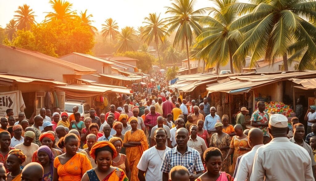 A bustling marketplace in the heart of a vibrant Ghanaian town, bathed in warm afternoon sunlight. In the foreground, a diverse crowd of locals bargains and exchanges goods, their colorful traditional attire creating a lively tapestry. In the middle ground, a mix of small shops and vendor stalls line the streets, showcasing the rich cultural traditions of the region. In the background, modest residential buildings and towering palm trees frame the scene, conveying a sense of close-knit community. The overall atmosphere is one of energy, collaboration, and a celebration of the unique identity of the Ghanaian people.