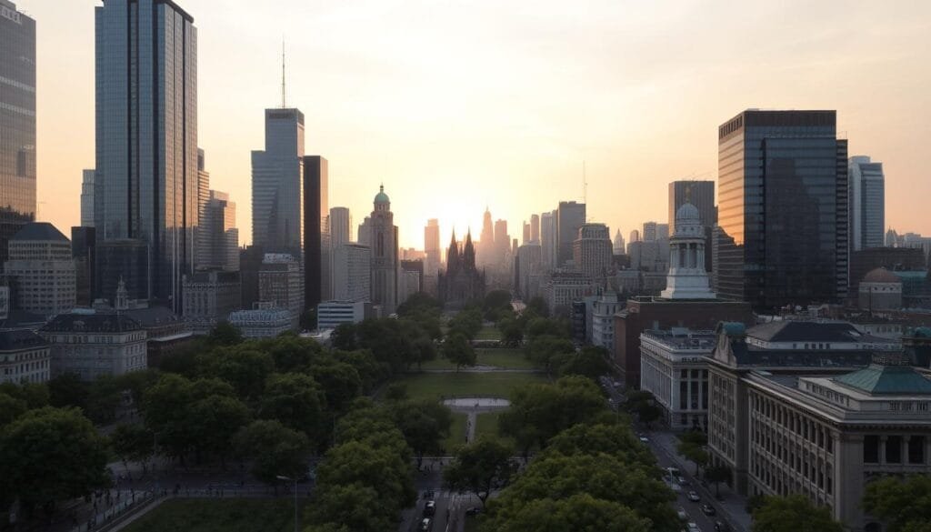 A bustling metropolitan skyline, with towering skyscrapers reaching towards the heavens, their glass facades reflecting the warm glow of the setting sun. In the foreground, a bustling street scene unfolds, with pedestrians and vehicles navigating the intricate web of roads and sidewalks. The middle ground is dotted with lush, verdant parks, providing a serene respite from the urban chaos. In the distance, the silhouettes of iconic landmarks like cathedrals and historic buildings stand tall, a testament to the rich cultural heritage of the city. The scene is bathed in a soft, diffused lighting, creating a sense of tranquility and elegance amidst the grandeur of the urban landscape.